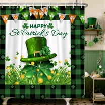 St Patrick Day Shower Curtain,Green Clover Shamrock Waterproof Fabric Checkered Bathroom Curtain with Hooks,72x72 in