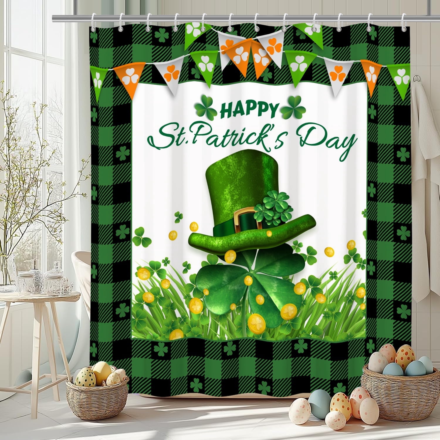St Patrick Day Shower Curtain,Green Clover Shamrock Waterproof Fabric Checkered Bathroom Curtain with Hooks,72x78 in