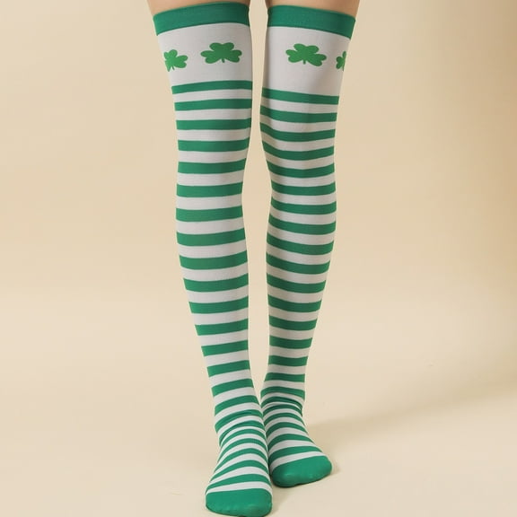 St. Patrick Day Socks,Long Tube Green and White Striped Socks Cotton Cute Green Stockings,Shamrock Green Thigh High Socks Irish Knitted Knee for Costume Party