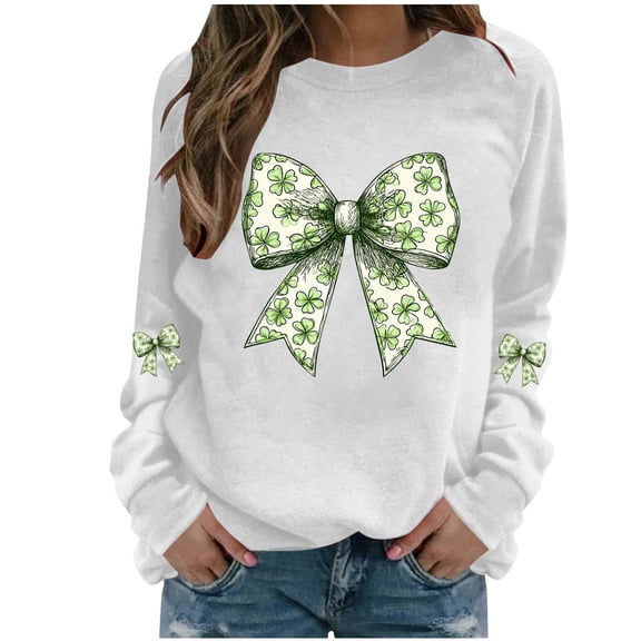 St. Patrick Day Tops For Women Long Sleeve Crew Neck Cute Print Sweatshirts Causal Trendy Holiday Outfits (XL, White-J)