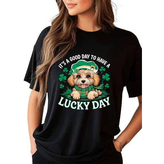 St. Patrick Dog Print Short Sleeve T-Shirt For Women 1 Pcs Gildan Plain T-Shirt 100% Heavy Cotton - Comfortable Crew Neck, Soft Tees Casual Tops