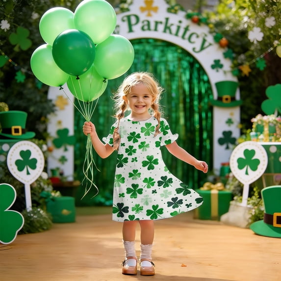 St Patrick Dress For Girls Puff Sleeve Crew Neck Festival Print Dresses Casual Loose Stylish Holiday Outfits (4-5 Years, White)