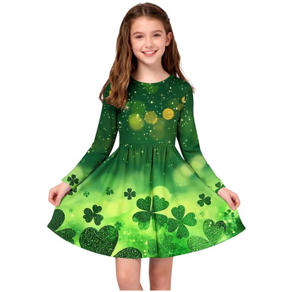 St Patrick Dresses For Girls Long Sleeve Crew Neck Festival Print Midi Dress Casual Loose Holiday Clothes (4-5 Years, Mint Green)