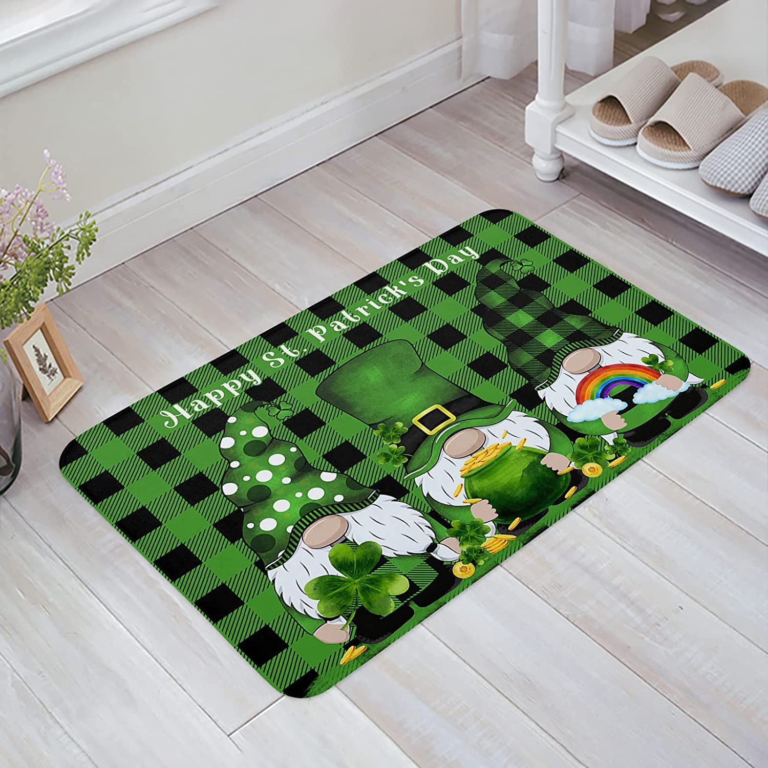 St Patrick Front Door Mat Gnome Shamrocks Green Buffalo Plaid Funny