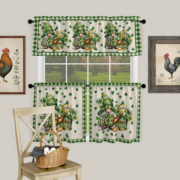 St.Patrick Green Leaves and Cute Dwarf Curtain Tier and Valance Set 3 Piece, Watercolor Clovers Grid on Flax 3-inch Rod Pocket Window Tier Curtains Valance for Kitchen Living Room