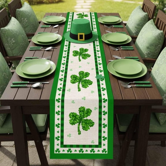 St. Patrick Green Shamrock Leaves Table Runners 13x90 Inches Long Linen Burlap Table Runner, Irish Clovers on Burlap Tablerunners Dresser Scarf for Kitchen Dining