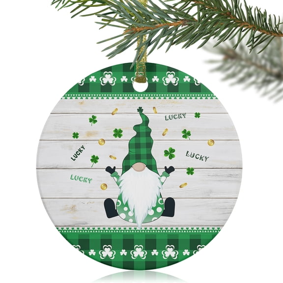 St. Patrick Irish Gnomes Wood Board Coin Christmas Ceramic Ornament 2025,3" Round Xmas Tree Hanging Accessories with Gold Ribbon