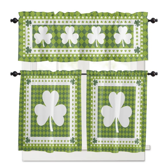 St. Patrick Kitchen Curtains Valances and Tiers Set of 3 Lucky Shamrock Tier Curtains and Valance Rod Pocket Valance Curtains Set for Kitchen Bathroom Small Windows 24 Inch Length