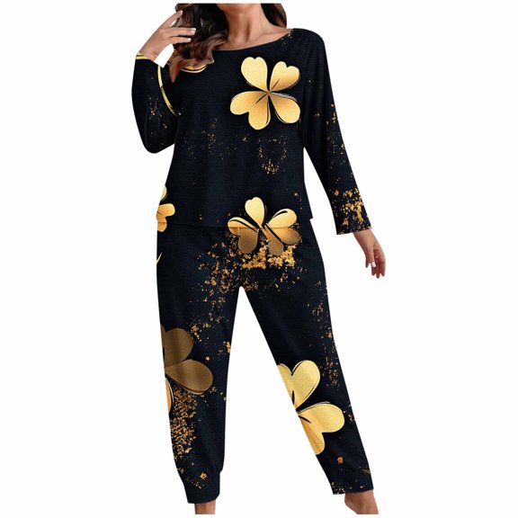 St. Patrick Plus Size Pajama Set for Women 2 Piece, Crewneck Long Sleeve Shirts with Pants Lucky Shamlock Clover Print Sleepwear Lightweight Holiday Pjs Fashion Trendy Lounge Set Black XXL