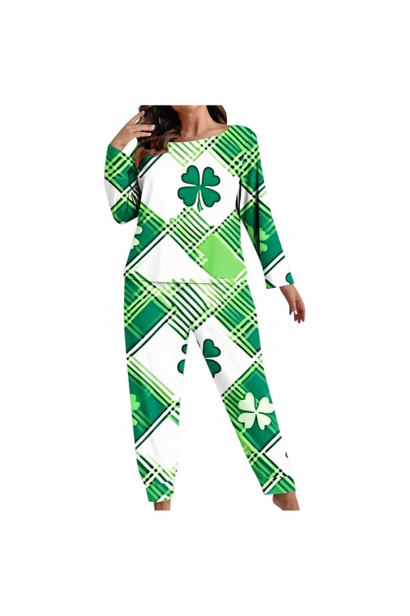 St. Patrick Plus Size Pajama Set for Women 2 Piece, Crewneck Long Sleeve Shirts with Pants Lucky Shamlock Clover Print Sleepwear Lightweight Holiday Pjs Fashion Trendy Lounge Set Green XL