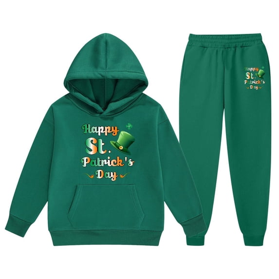 St. Patrick'S Day Children'S Sweatsuit Spring Long Sleeved Letter Print Hoodie With Sweater Pants 2 Piece Casual Set Dark Green 6 Years-7 Years