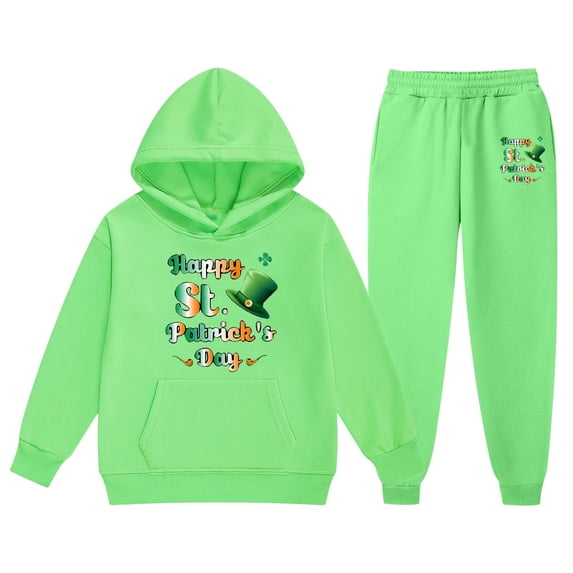 St. Patrick'S Day Children'S Sweatsuit Spring Long Sleeved Letter Print Hoodie With Sweater Pants 2 Piece Casual Set Green 2 Years-3 Years