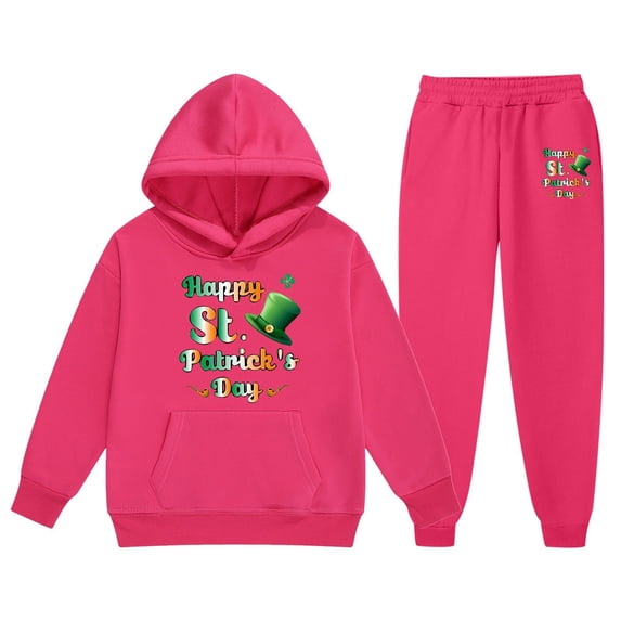 St. Patrick'S Day Children'S Sweatsuit Spring Long Sleeved Letter Print Hoodie With Sweater Pants 2 Piece Casual Set Hot Pink 12 Years-13 Years