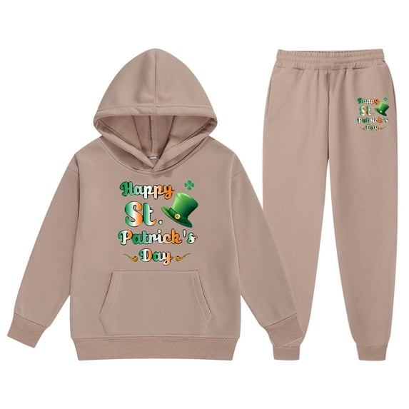 St. Patrick'S Day Children'S Sweatsuit Spring Long Sleeved Letter Print Hoodie With Sweater Pants 2 Piece Casual Set Khaki 10 Years-11 Years