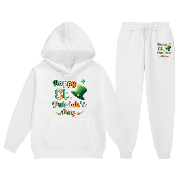 St. Patrick'S Day Children'S Sweatsuit Spring Long Sleeved Letter Print Hoodie With Sweater Pants 2 Piece Casual Set White 8 Years-9 Years