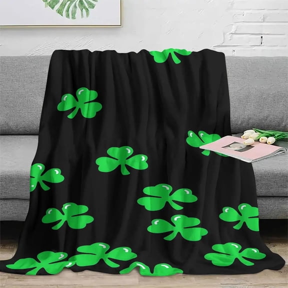 St. Patrick'S Day Clover Black Flannel Blanket a Soft Cozy Lightweight Plush Throw Suitable for a Sofa Bed Or Camping. It Features Hypoallergenic All Season Fabric with a Digital Print