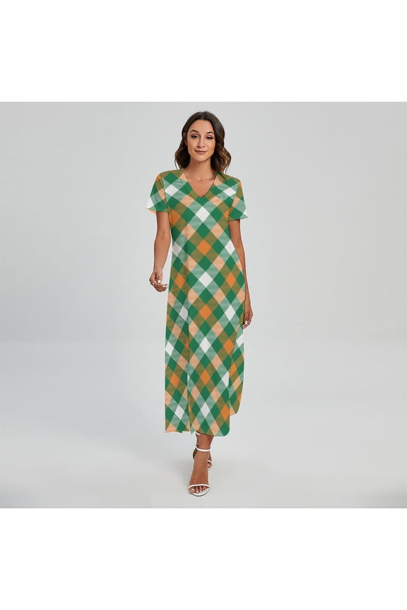 St. Patrick'S Day Plaid Pattern Printed Short Sleeve Maxi Dress, Irish St. Patrick'S Day Fashion Summer Maxi Dress For Women
