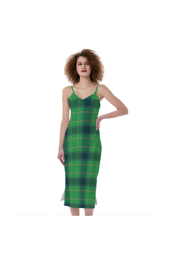 St. Patrick'S Day Scottish Plaid Print Slim Fit Midi Cami Dress, Irish St. Patrick'S Day Fashion Summer Maxi Sexy Casual Dress For Women