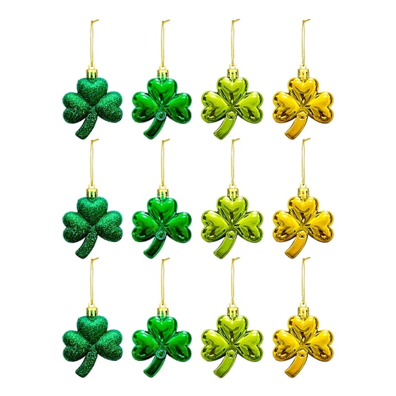 St. Patrick'S Day Shamrock Ornaments 12-Pack, Plastic Hanging Decor With Gold String, Gloss And Matte Finish For Tree And Door