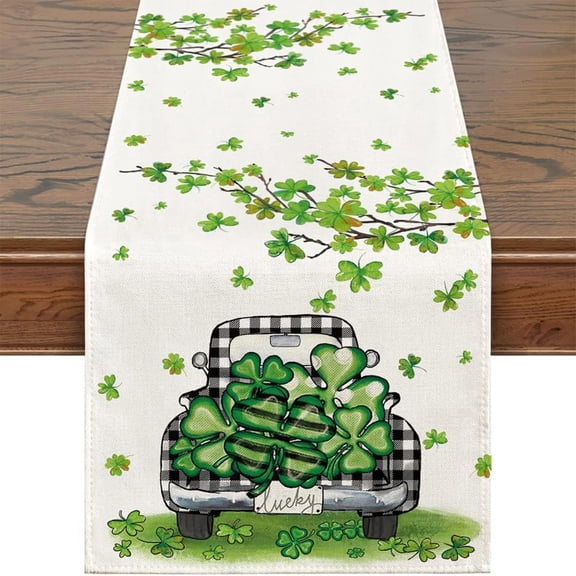 St. Patrick'S Day Table Flag, Four Leaf Clover Burlap Banner, Linen Look Decorative Runner For Kitchen Dining Party Decor(B)