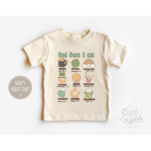St Patrick'S Day Toddler Shirt - God Says I Am Retro St Patrick'S Day Kids Shirt - Retro Natural Toddler Tee, New Born, Baby Shower Gift, New Parents Gift
