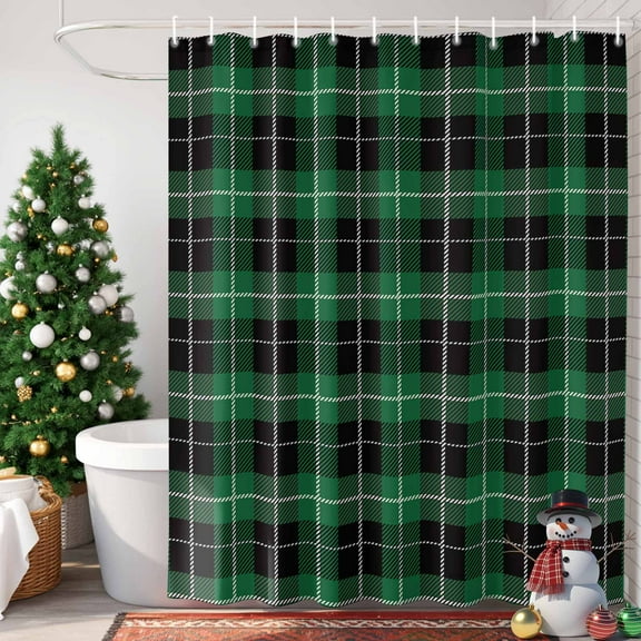 St Patrick Shower Curtain, 36" x 72", Christmas Green Black Plaid Waterproof Bathroom Curtain Washable Shower Curtain Set with 12 Hooks