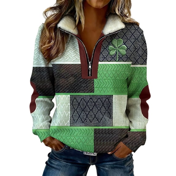 St Patrick Sweatshirts For Women Half Zip Long Sleeve Lapel Print Pullover Tops Casual Holiday Clothes (XL, Army Green)