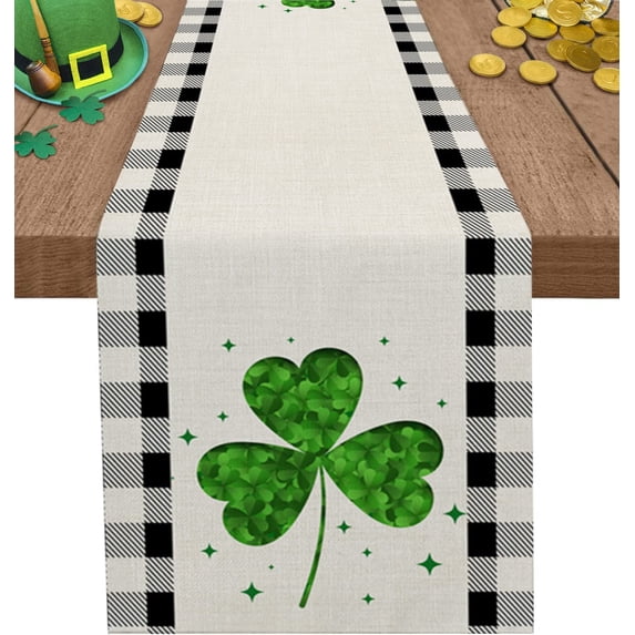 St Patrick Table Runner 71 inches Long St.Patrick''s Day Lucky Shamrock Gnomes Green Buffalo Plaid Kitchen Table Runner for Dining Table linen table runners for Party Home Decoration 13.8 x71 inch