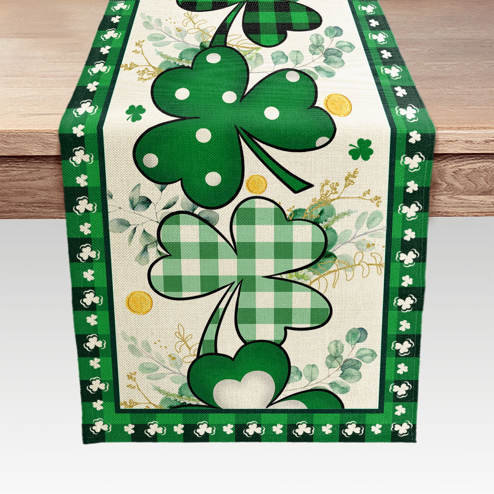 St Patrick Table Runner, Shamrock Black and Green Buffalo Plaid Coffee