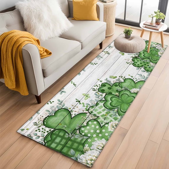 St. Patrick's 2'x6' Runner Rugs for Hallway Kitchen Bedside Non Slip, Lucky Shamrock Green Eucalyptus Floral Farm Wooden Entryway Rug Runners with Rubber Backing, Long Carpet Runner for Laundry Room