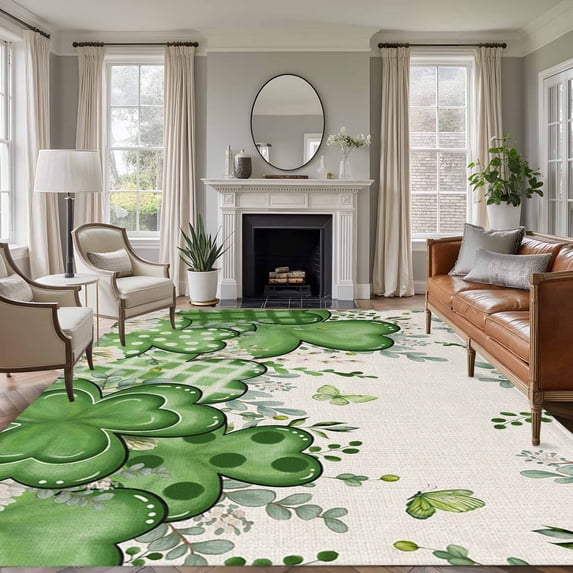St. Patrick's Area Rugs 5'x7', Small Throw Rugs for Laundry Room Playroom, Luck Shamrock Eucalyptus Leaves Flowers Beige Indoor Outdoor Rug Non-Slip Low Pile Carpet Runner Reversible Floor Mats