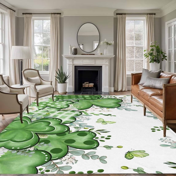 St. Patrick's Area Rugs 5'x7', Small Throw Rugs for Laundry Room Playroom, Lucky Shamrock Green Eucalyptus Floral Plants Indoor Outdoor Rug Non-Slip Low Pile Carpet Runner Reversible Floor Mats
