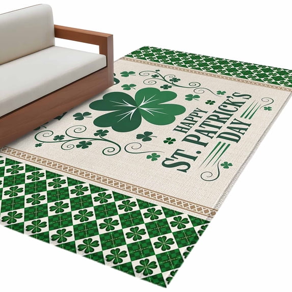 St. Patrick's Area Rugs Collection 3'x5', Lucky Shamrock Leaves Vintage Green Plaid Non Slip Indoor Rectangle Throw Runner Rug Floor Mat Carpet for Living Room Dining Table Bedroom Nursery