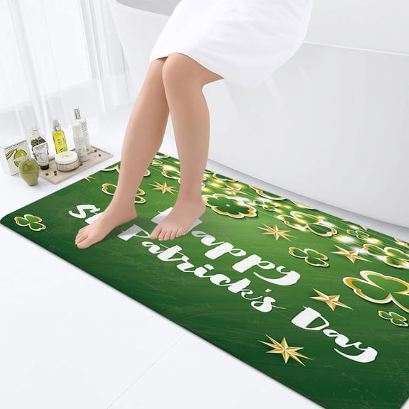 St Patrick's Bathroom Rugs, Irish Green Clover Shamrock Spring Non-Slip Bath Rugs, Green Clover Irish Bathroom Rugs Set St Patrick's Day Shamrock Bathroom Rug Mat 17X48inch, Soft Absorbent Bath Rugs