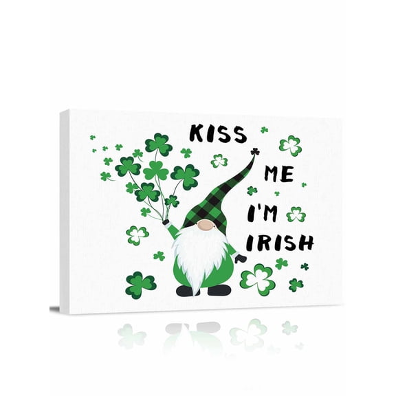 St Patrick's Canvas Print Wall Art Day Kiss Me I'm Irish Shamrock Dwarf White Background Pictures Painting Morden Artwork for Living Room Bedroom, Ready to Hang - 12"x16"