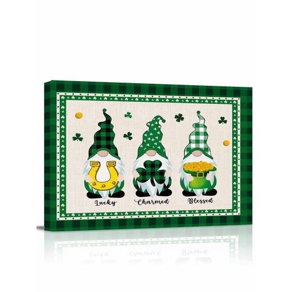 St. Patrick's Canvas Print Wall Art Day Lucky Gnomes Plaid Border Pictures Painting Morden Artwork for Living Room Bedroom, Ready to Hang - 12"x16"
