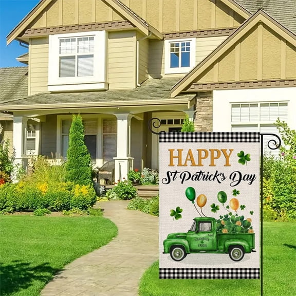 St Patrick's Checkered Garden Flag, Outdoor Decorative Flag, Linen Double Sided Printed Flag Festive Irish Holiday Yard Decor for Spring Porch Lawn Patio Weather Ready Green Plaid Design Display