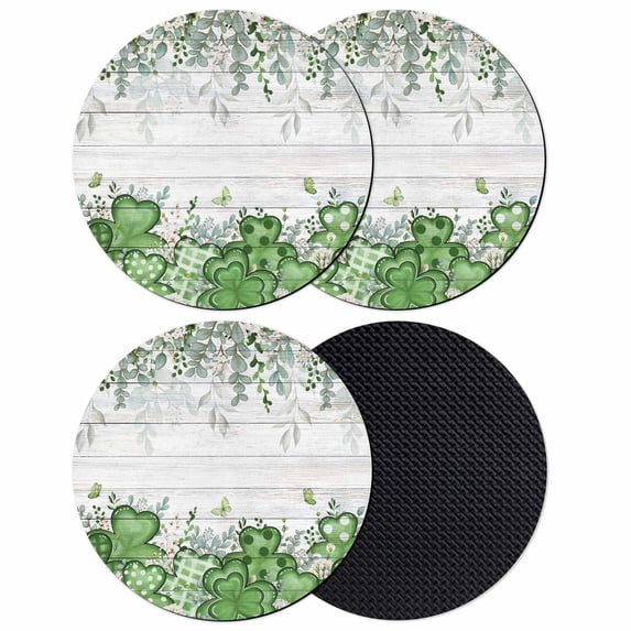 St. Patrick's Coasters Set of 4, Absorbent Coasters for Drinks, Luck Shamrock Eucalyptus Leaves Flowers Grey Wooden Coaster for Desk Coffee Table Protection, Home Decor House Warming Gifts 4"