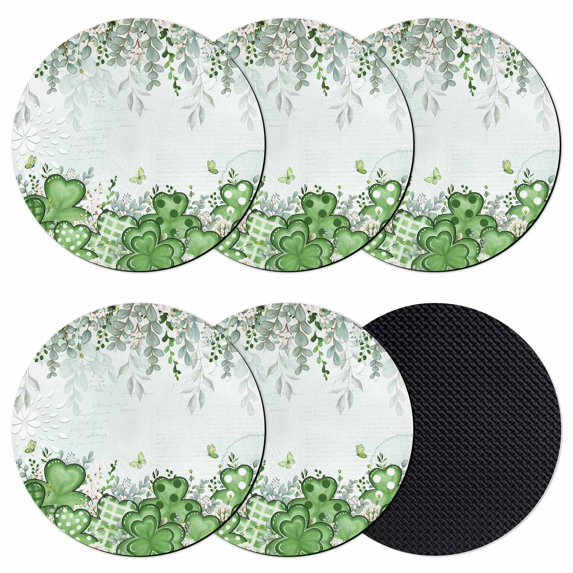 St. Patrick's Coasters Set of 6, Absorbent Coasters for Drinks, Luck Shamrock Eucalyptus Leaves Flowers Blue Coaster for Desk Coffee Table Protection, Home Decor House Warming Gifts 4"