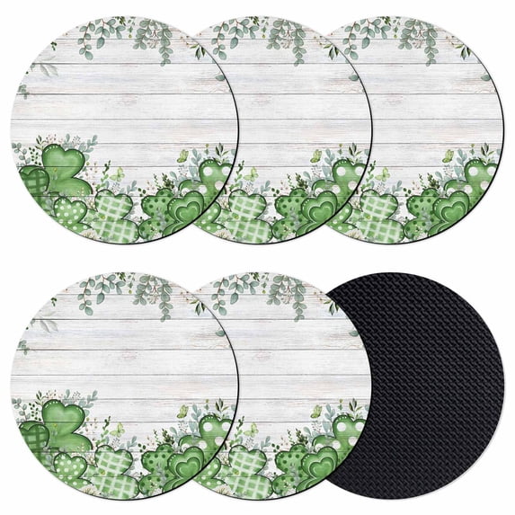 St. Patrick's Coasters Set of 6, Absorbent Coasters for Drinks, Lucky Shamrock Green Eucalyptus Floral Farm Wooden Coaster for Desk Coffee Table Protection, Home Decor House Warming Gifts 4"