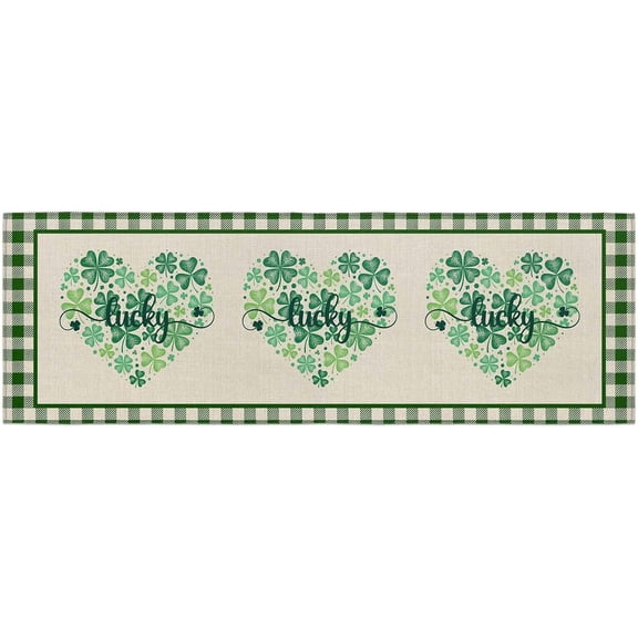 St. Patrick''s Day 1 Piece Kitchen Runner Rug Non Skid Washable, Love Heart Lucky Clover Green Checkered Welcome Mat Absorbent Doormat for Kitchen, Living Room, Entryway, 18" W x 47.2" L