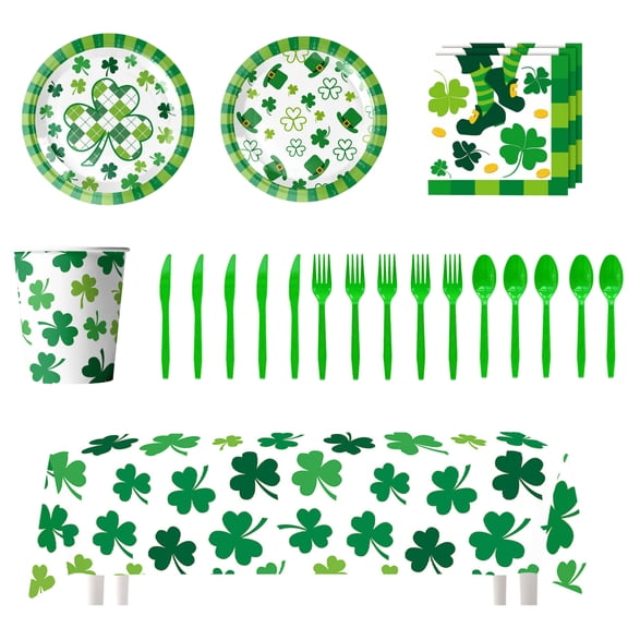 St. Patrick's Day 101 Psc St Patrick's Day Party Supplies Tableware Set Green Shamrock Dinnerware Set Serve for 20 Guest Lucky Clover Paper Plates Napkins Cups Tablecloth Green Spoon Knife Forks
