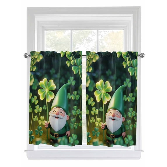 St. Patrick's Day 2 Panel Kitchen Curtains for Windows, Spring Green Shamrock Gnomes Leaves Bathroom Privacy Curtain, Home Décor Window Treatment for Bedroom/Living Room 55"x45"