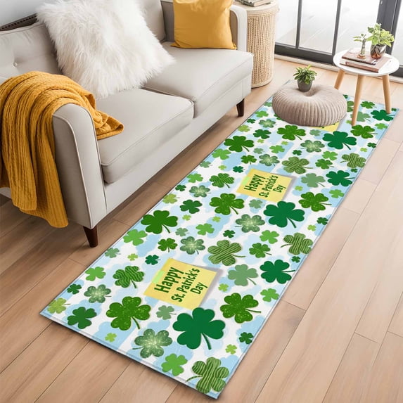 St. Patrick's Day 2'x6' Runner Rug, Spring Lucky Green Shamrock Cloud Blue Washable Non-Slip Area Rugs for Hallway Kitchen Floor Bedroom Entryway, StainResistant Laundry Carpet Decoration Indoor Mat
