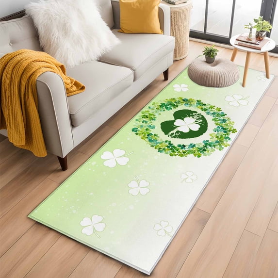 St. Patrick's Day 2'x6' Runner Rug, Spring Shamrock Wreath Leaf Lips Ombre Green Washable Non-Slip Area Rugs for Hallway Kitchen Floor Bedroom Entryway, Laundry Carpet Decoration Indoor Mat