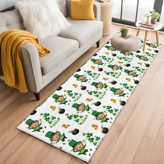 St. Patrick's Day 2'x6' Runner Rugs for Hallway Kitchen Bedside Non Slip, Green Shamrock Gingerbread Man Gold Coin Entryway Rug Runners with Rubber Backing, Long Carpet Runner for Laundry Room