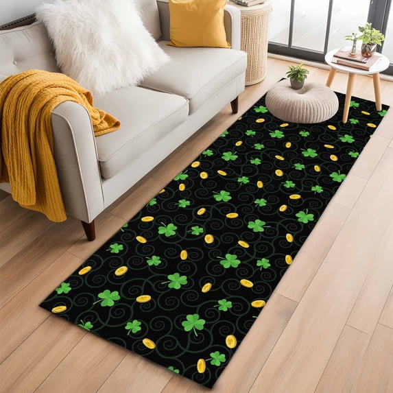 St. Patrick's Day 2'x6' Runner Rugs for Hallway Kitchen Bedside Non Slip, Green Shamrock Gold Coin Minimalist Black Entryway Rug Runners with Rubber Backing, Long Carpet Runner for Laundry Room