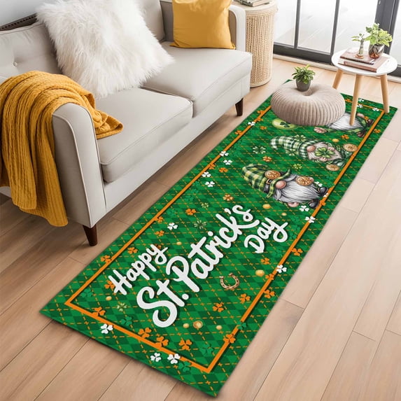 St Patrick's Day 2'x6' Runner Rugs for Hallway Kitchen Bedside Non Slip, Lucky Gnomes Shamrock Balloon Green Plaid Entryway Rug Runners with Rubber Backing, Long Carpet Runner for Laundry Room