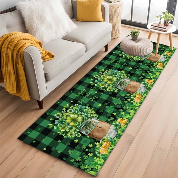 St. Patrick's Day 2'x6' Runner Rugs for Hallway Kitchen Bedside Non Slip Washable, Green Clovers Coin Buffalo Plaid Entryway Rug Runners with Rubber Backing, Long Carpet Runner for Laundry Room
