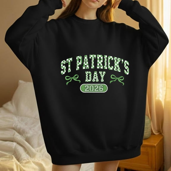 St Patrick's Day 2026 Embroidery Sweatshirt, Green Checkered Coquette Bow Crewneck, Lucky Retro St Paddys Day Sweater